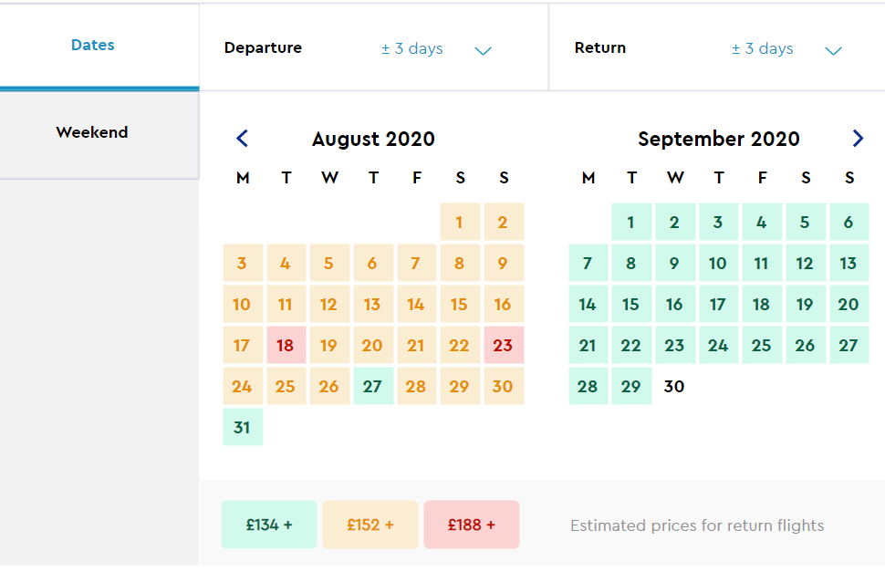 Tips for finding the perfect flight in Momondo – if you have flexible travel dates, choose the green-colored dates to get the best prices.