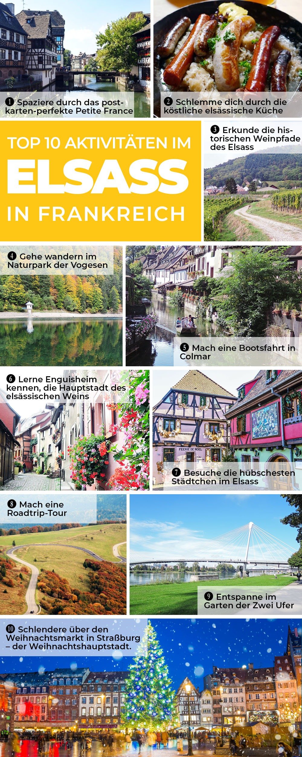Von mittelalterlichen Kopfsteinpflaster-Städtchen bis hin zu bezaubernden Dörfern in Pastelltönen – die reizvolle Region Elsass im Osten Frankreichs ist ein Urlaubsziel wie aus einem Märchenbuch. Verbringe die Tage damit, durch schmale, Postkarten-perfekte Straßen zu schlendern, mache eine Spritztour durch malerische Weinberge und zu atemberaubenden Gipfeln und genieße das deine Zeit mit herzhafter Küche und exzellentem Wein im Überfluss. Hier sind die besten Aktivitäten im Elsass.